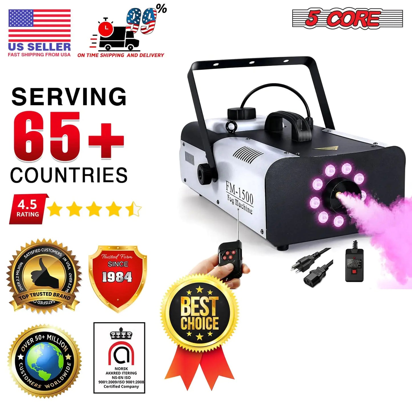 5 Core 1500W High Output Fog Machine with LED Lights