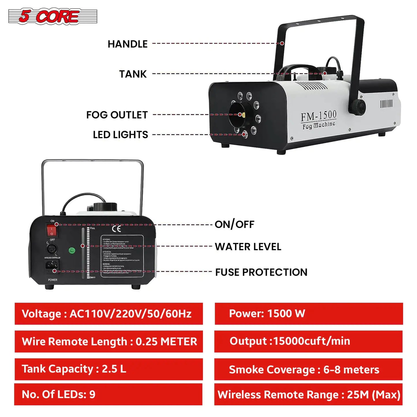 5 Core 1500W High Output Fog Machine with LED Lights